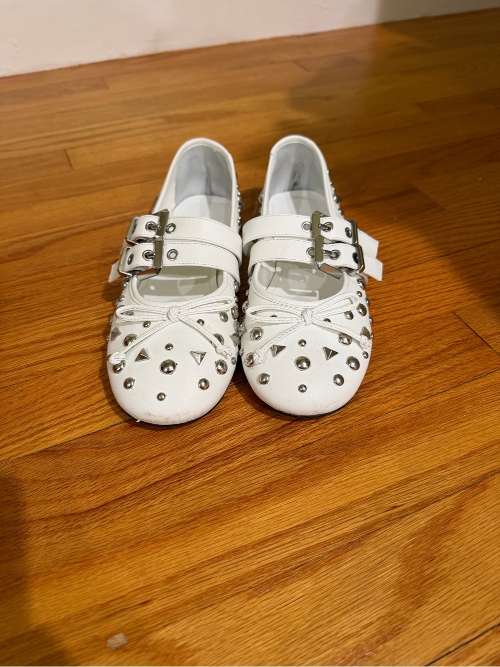 White Mary Jane Flats with Silver Studs